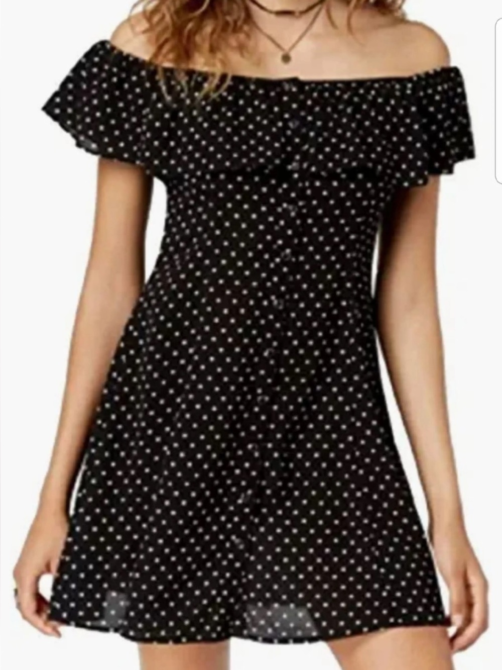 Gypsies & Moondust S small Off-Shoulder Black Polka Dot Women's mini Dress flowy